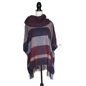 Johnston & Murphy Plaid Wine Red Blue Gray Poncho Cowl Neck w/ Fringe One Size